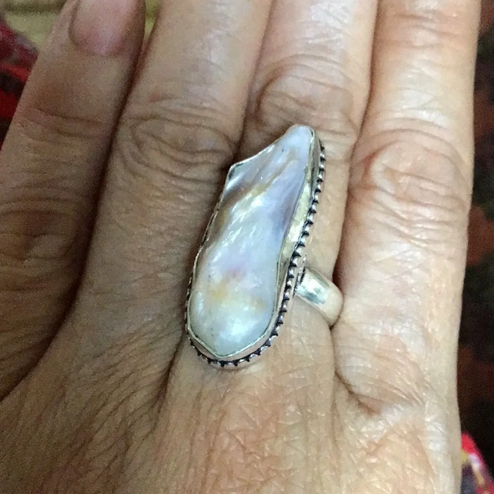 Sterling Silver Genuine Biwa Pearl Large Ring Size 8 New - Picture 5 of 5